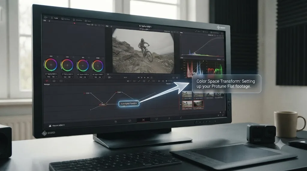 Illustration of a DaVinci Resolve Color page with an on-screen assistant overlay pointing at the Color Space Transform node