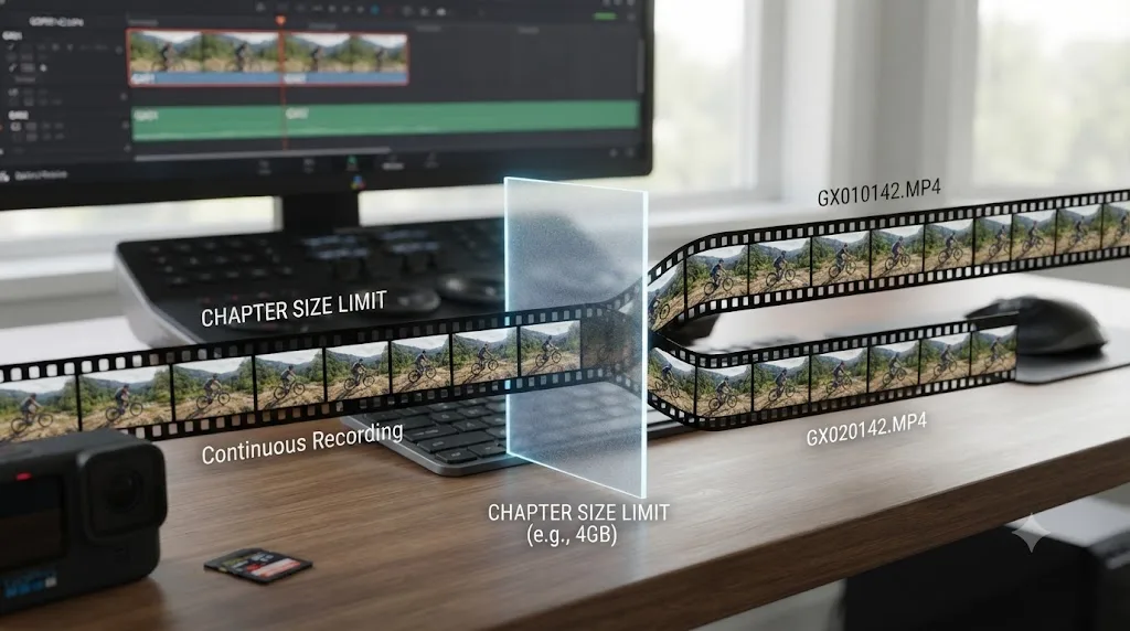 Illustration of a continuous GoPro HERO11 recording splitting into two chaptered files at an internal size limit