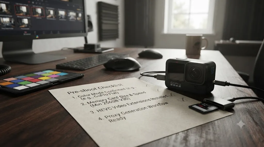 Illustration of a pre-shoot checklist for avoiding GoPro HERO11 footage import problems in DaVinci Resolve