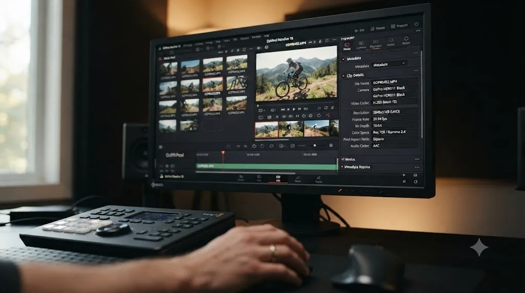 Illustration of a DaVinci Resolve metadata panel showing a GoPro HERO11 Black clip's H.265 codec and resolution details