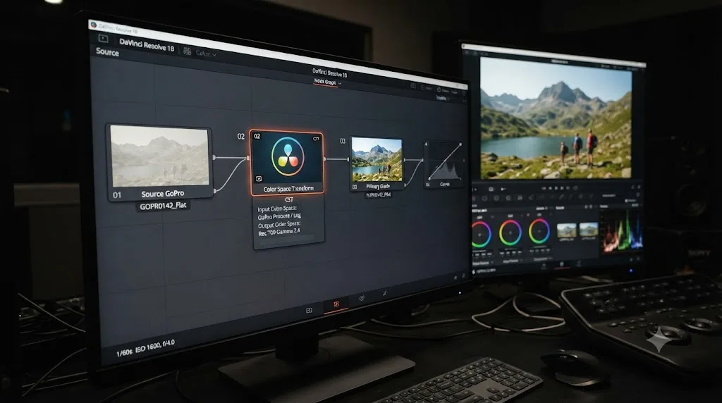 Illustration of a DaVinci Resolve node graph with a Color Space Transform applied, converting flat GoPro HERO11 footage to Rec.709