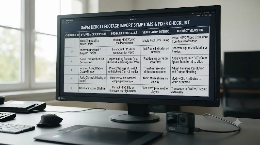 Illustration of a checklist table matching GoPro HERO11 footage symptoms in DaVinci Resolve to their fixes