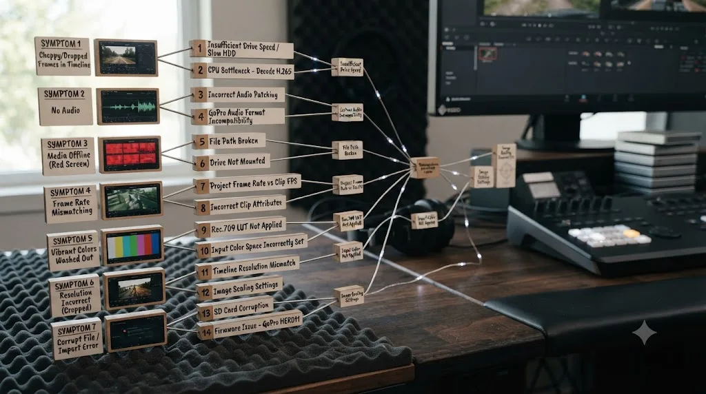 Illustration of a decision tree mapping GoPro HERO11 footage symptoms in DaVinci Resolve to their root causes
