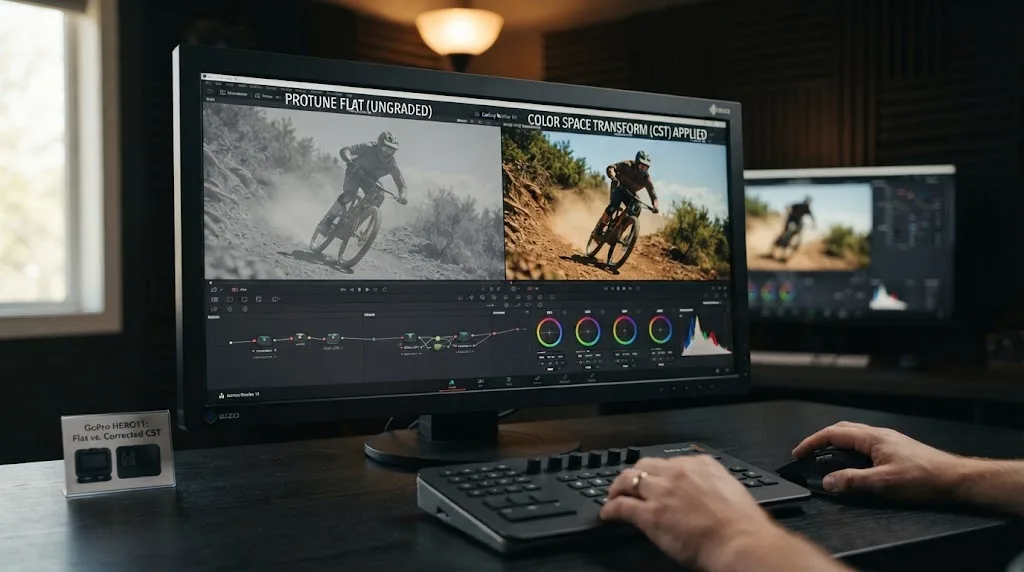 Illustration comparing flat grey GoPro HERO11 Protune Flat footage against the same clip corrected with a Color Space Transform in DaVinci Resolve