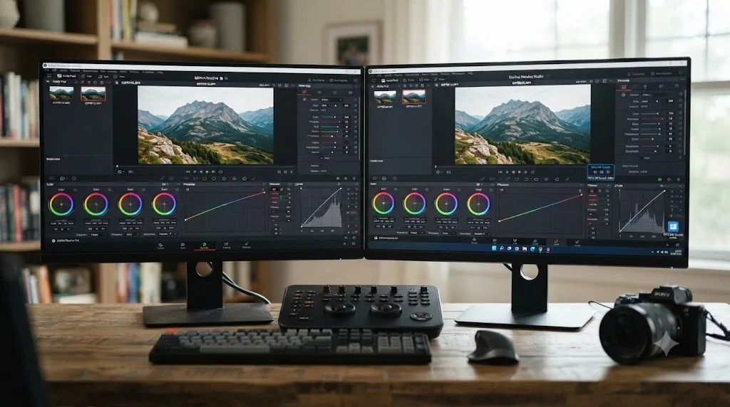 Illustration comparing DaVinci Resolve free and Studio editions, showing identical color tools and a hardware HEVC decode icon only on Studio for Windows