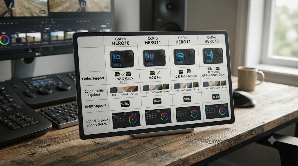 Illustration of a generational comparison of GoPro HERO10 through HERO13 codec and color profile differences for DaVinci Resolve import