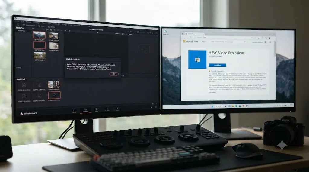 Illustration of a Windows desktop showing the Microsoft Store HEVC Video Extensions page next to a DaVinci Resolve import error for a GoPro HERO11 clip
