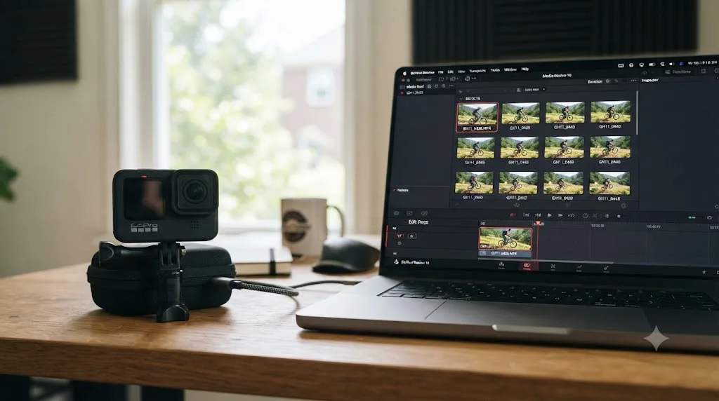 Illustration of a GoPro HERO11 Black action camera next to a laptop displaying an imported clip in DaVinci Resolve's Media Pool