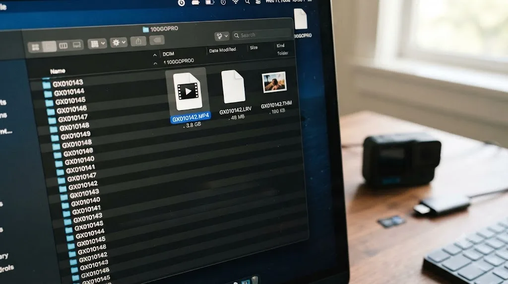 Illustration of a GoPro memory card folder showing a HERO11 video file paired with its matching LRV proxy and THM thumbnail sidecar files