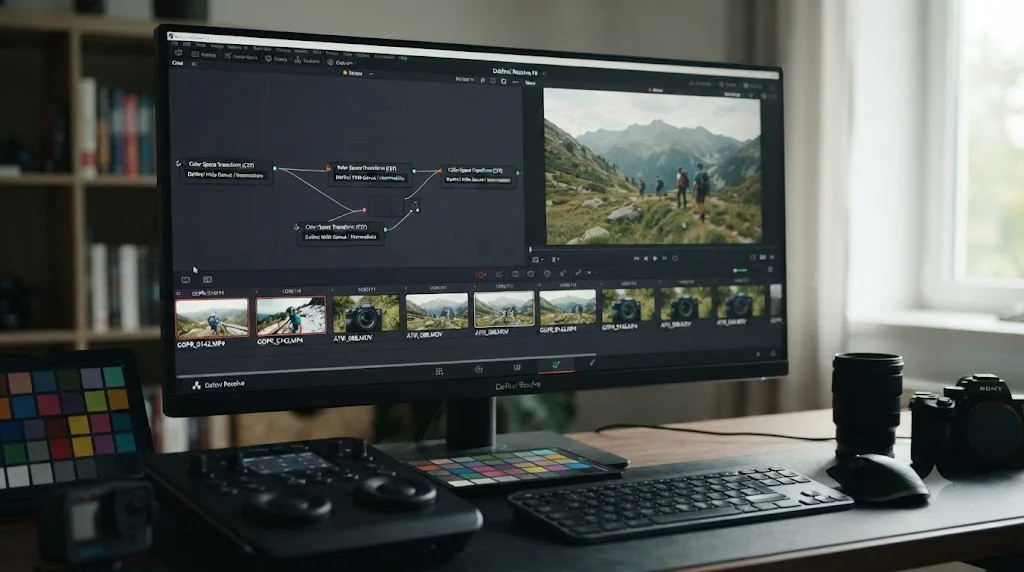 Illustration of GoPro HERO11 footage and mirrorless camera footage normalized to a shared color space in a DaVinci Resolve timeline