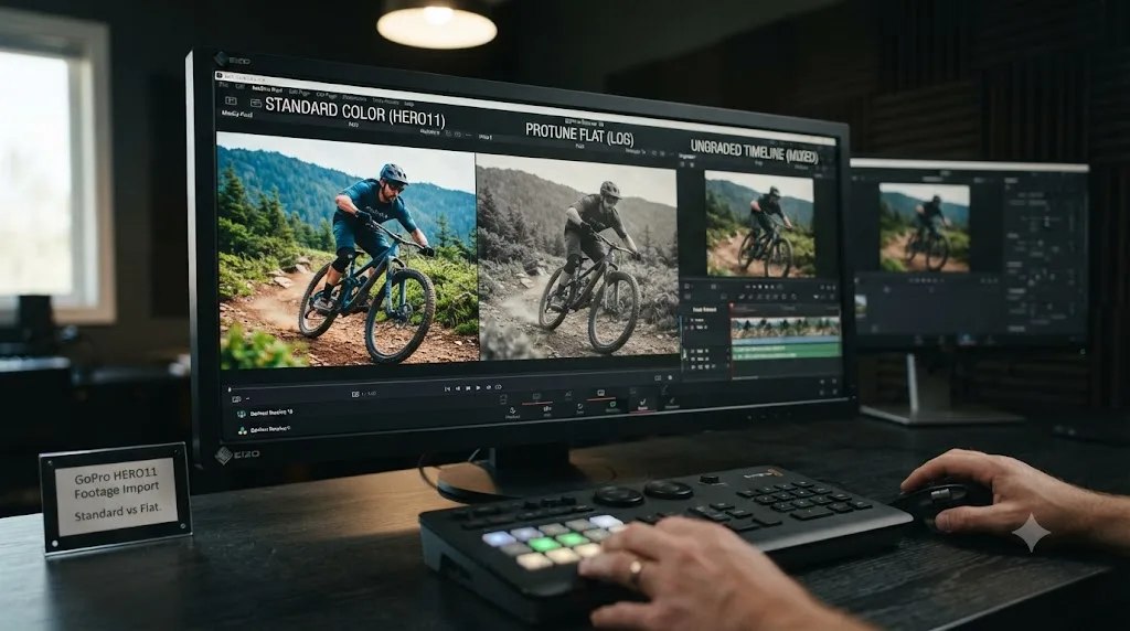 Illustration comparing the same GoPro HERO11 scene shot in Standard color and Protune Flat side by side