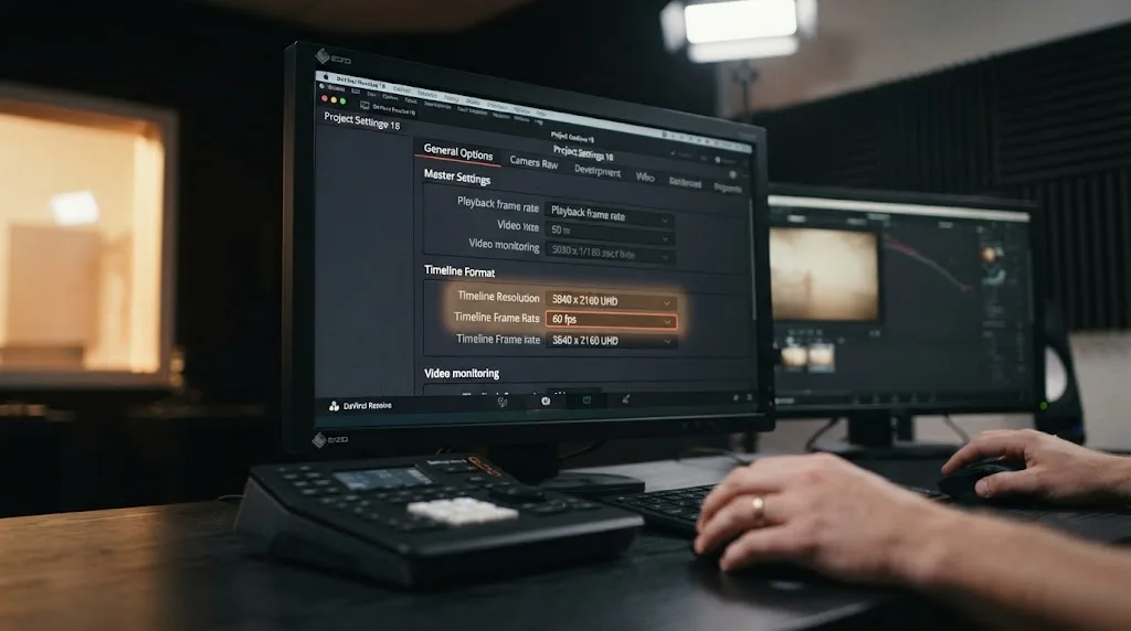 Illustration of a DaVinci Resolve Project Settings panel configured to match GoPro HERO11 footage resolution and frame rate