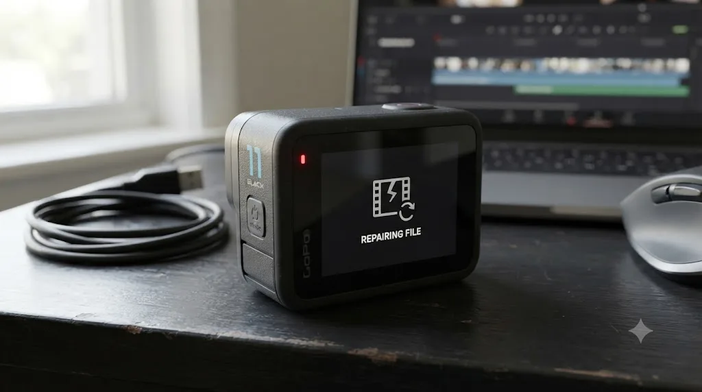 Illustration of a GoPro HERO11 camera screen showing a file recovery icon after a low battery interrupted a recording