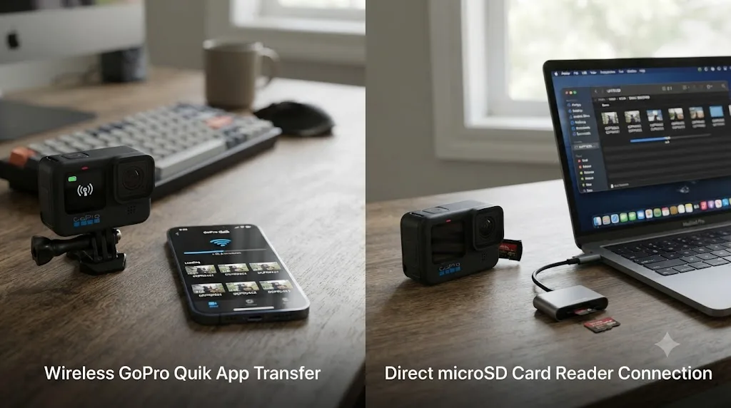 Illustration comparing wireless GoPro Quik app transfer against a direct microSD card reader connection for GoPro HERO11 footage