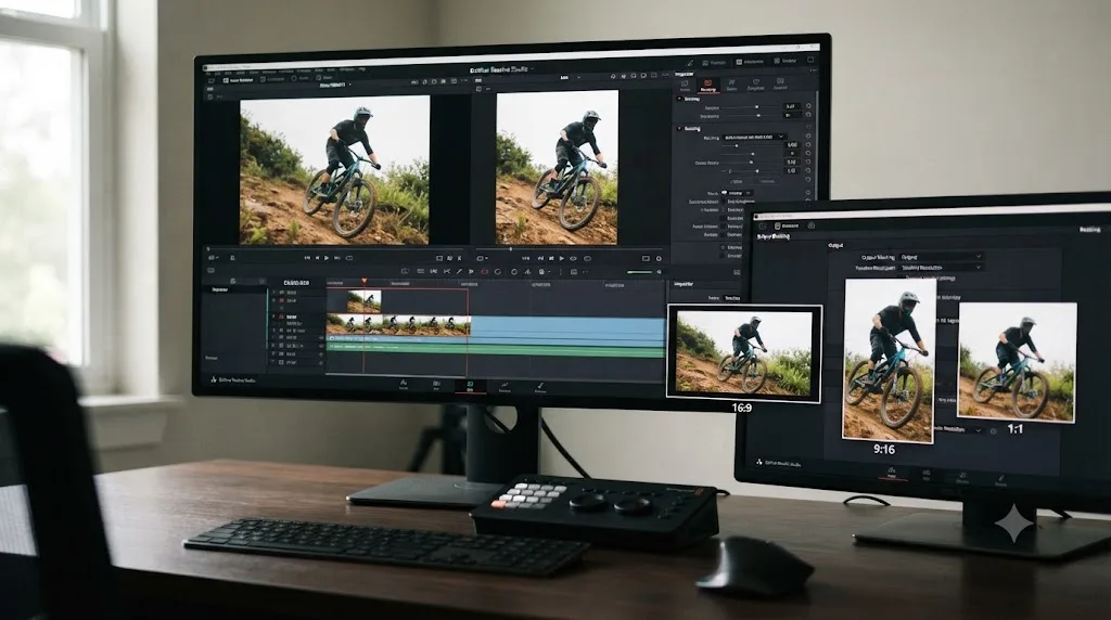 Illustration of a GoPro HERO11 8:7 vertical-ready clip in DaVinci Resolve being reframed into 16:9, 9:16, and 1:1 crops