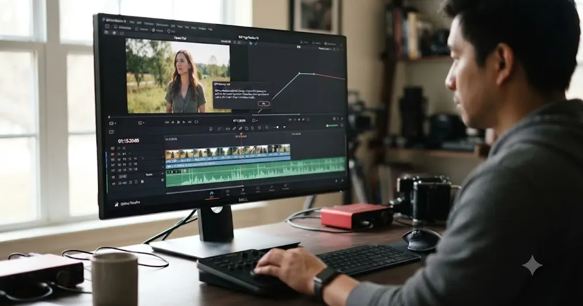 Illustration of a GPU memory warning dialog appearing over a DaVinci Resolve timeline