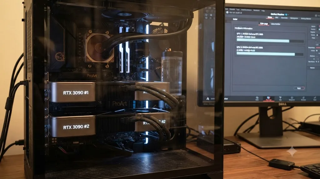 Illustration of two graphics cards with separate, uncombined VRAM pools in a DaVinci Resolve workstation