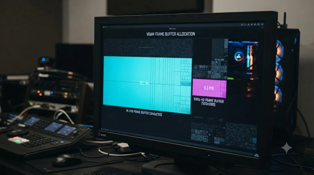 Illustration of a 4K frame occupying roughly four times the GPU memory of a 1080p frame