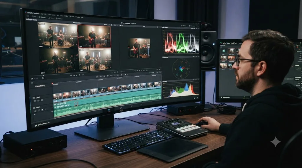 Illustration of multicam angles, compound clips, and video scopes all consuming GPU memory at once