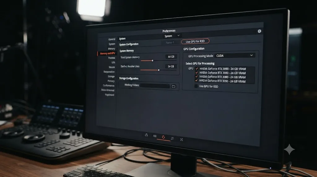 Illustration of the Memory and GPU panel inside DaVinci Resolve's System preferences
