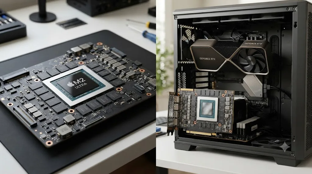 Illustration of Apple silicon unified memory shared by CPU and GPU compared with a discrete graphics card's separate VRAM