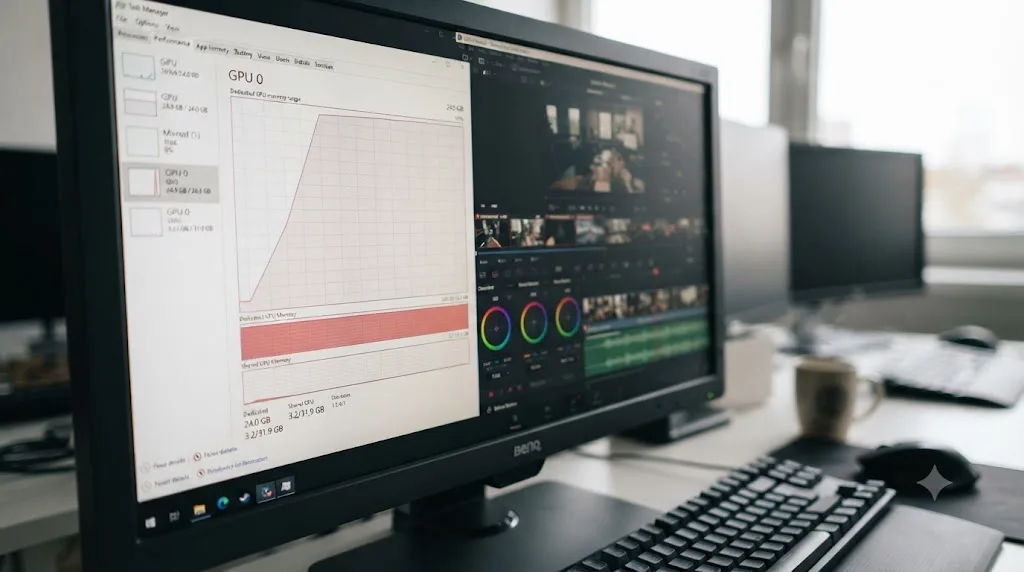Illustration of a GPU memory usage graph reaching its ceiling while a video timeline plays