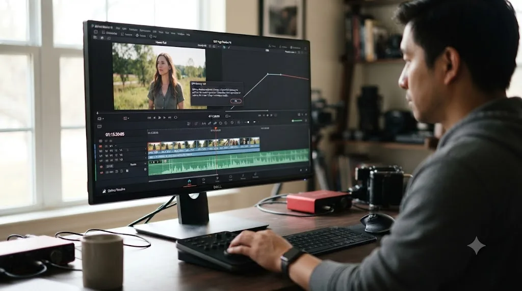 Illustration of a GPU memory warning dialog appearing over a DaVinci Resolve timeline