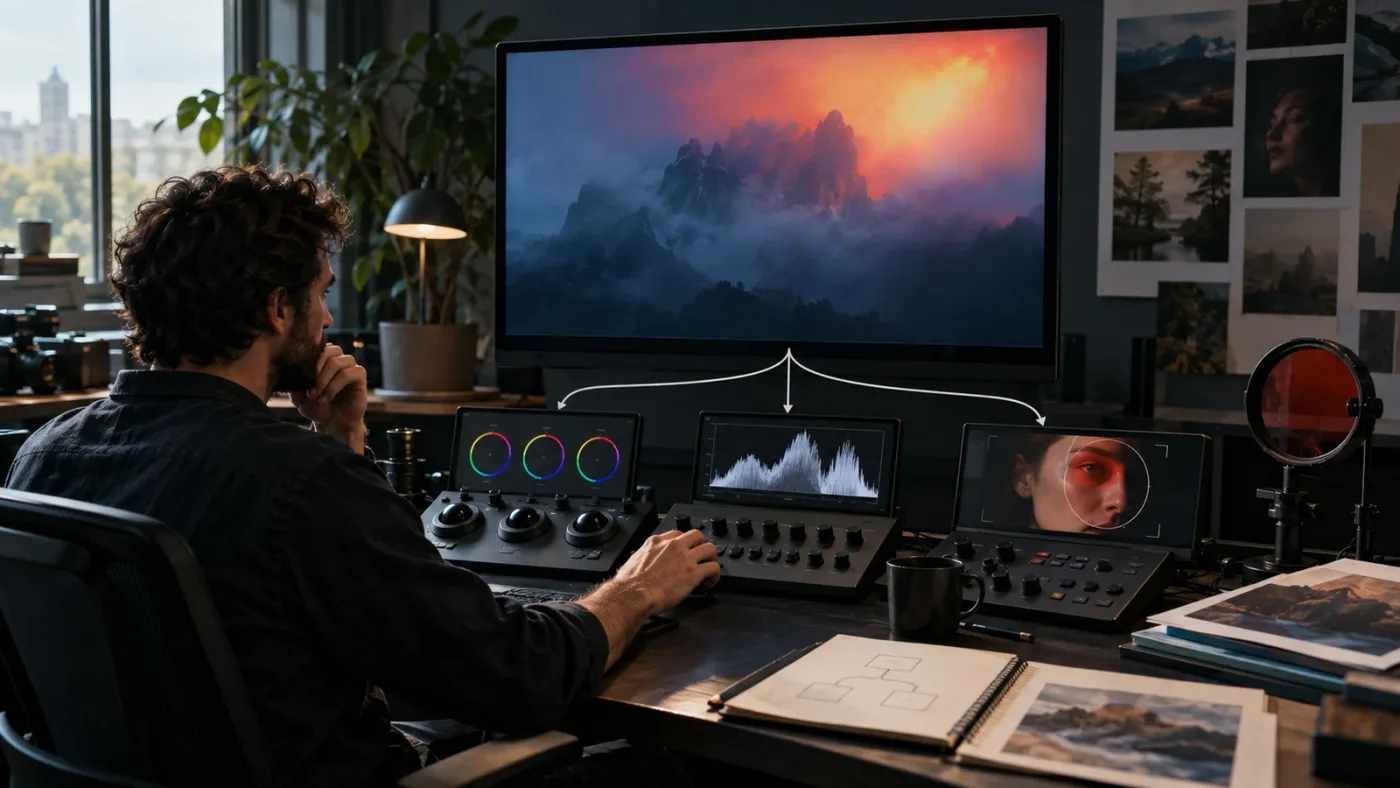 Illustration of a DaVinci Resolve color correction decision tree