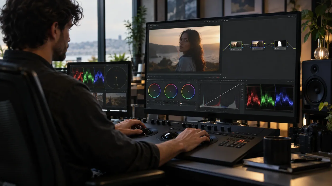 Illustration of a node-by-node DaVinci Resolve grading workflow