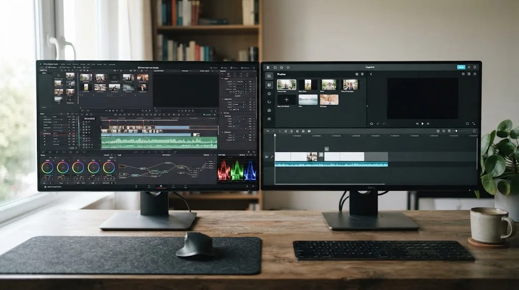 Illustration comparing the DaVinci Resolve interface to other video editing software