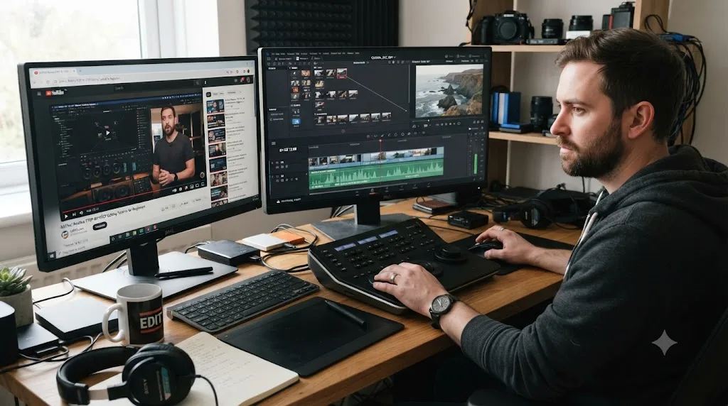 Illustration of hands-on project editing compared with passively watching tutorials