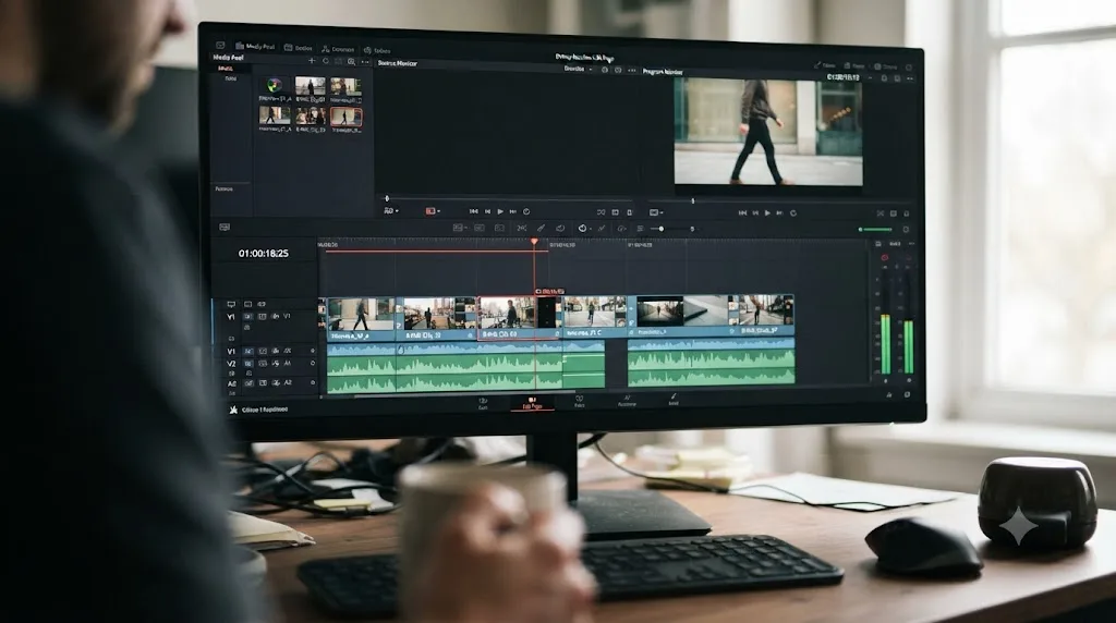 Illustration of a beginner completing a first rough cut in the DaVinci Resolve Edit page