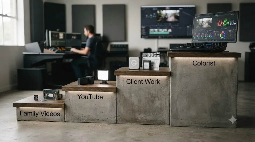 Illustration of four ascending skill tiers for learning DaVinci Resolve from family videos to professional color work