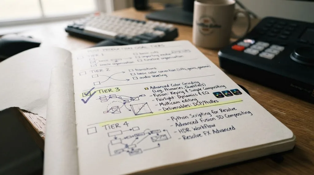 Illustration of a checklist marking good-enough skill levels for different DaVinci Resolve goals