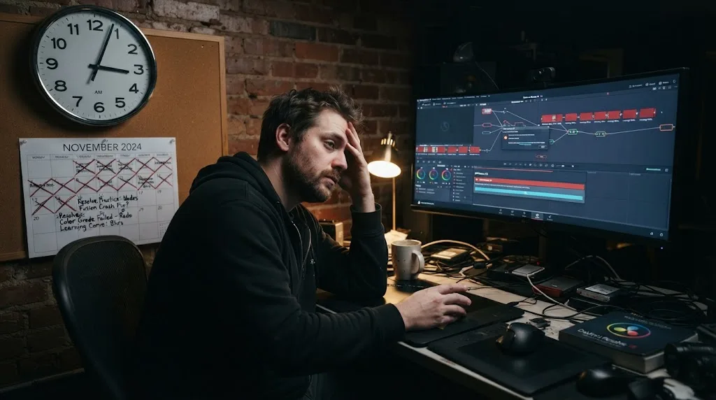 Illustration of a clock and calendar representing practice time spent learning DaVinci Resolve