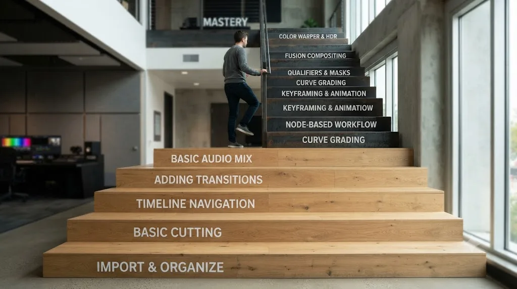 Illustration of fast and slow DaVinci Resolve skills arranged as a staircase