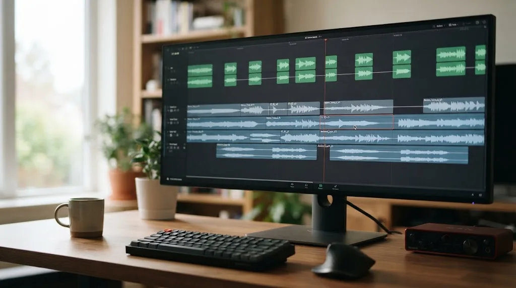 Illustration of layered room tone clips filling dialogue gaps in DaVinci Resolve
