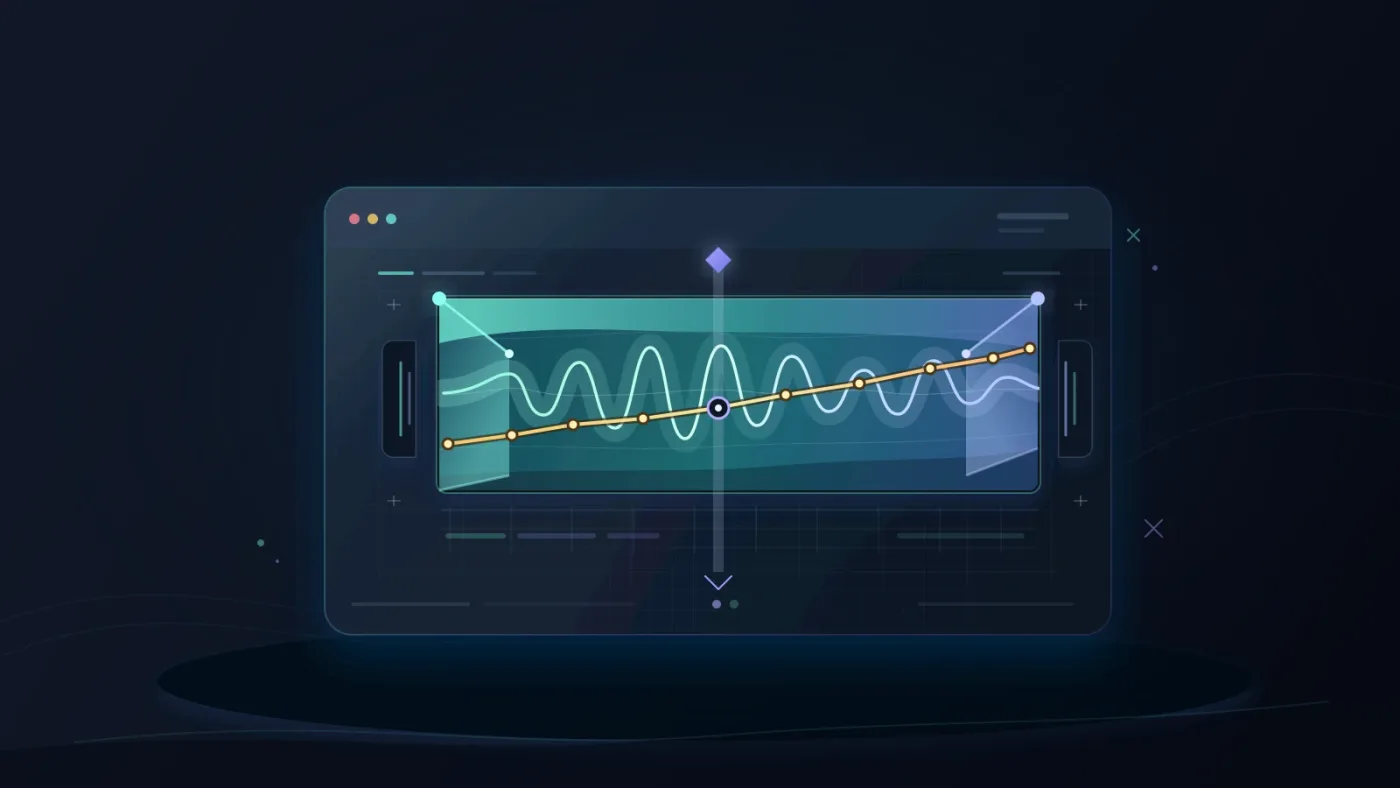 Illustration of fade handles and volume keyframes shaping a whoosh audio clip