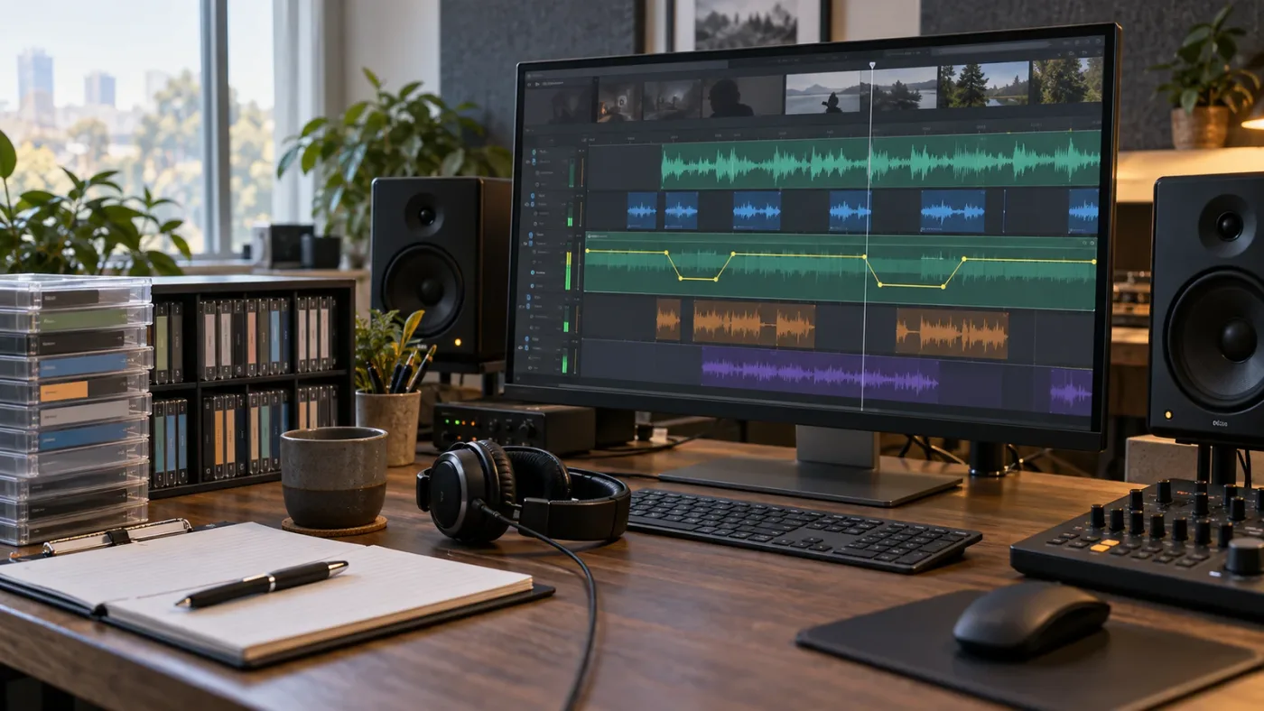 Illustration of a licensed sound-effects workflow feeding a Fairlight ducking mix
