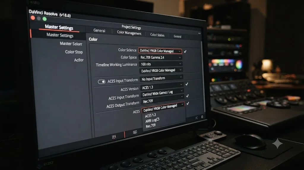 Illustration of the choice between simple color management and a full ACES pipeline in DaVinci Resolve