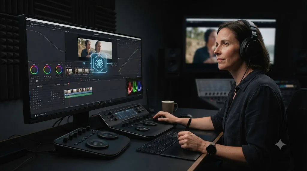Illustration of an AI editing agent proposing a change inside DaVinci Resolve for a colorist to review