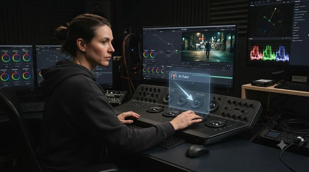 Illustration of an AI tutor overlay pointing at a control inside DaVinci Resolve while a colorist works