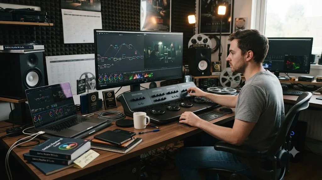Illustration of a multi-year career timeline from learning DaVinci Resolve to working as a full-time colorist