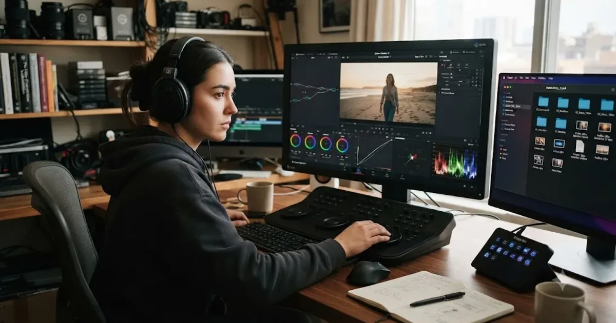 Illustration of an aspiring colorist building a demo reel on a DaVinci Resolve Color page