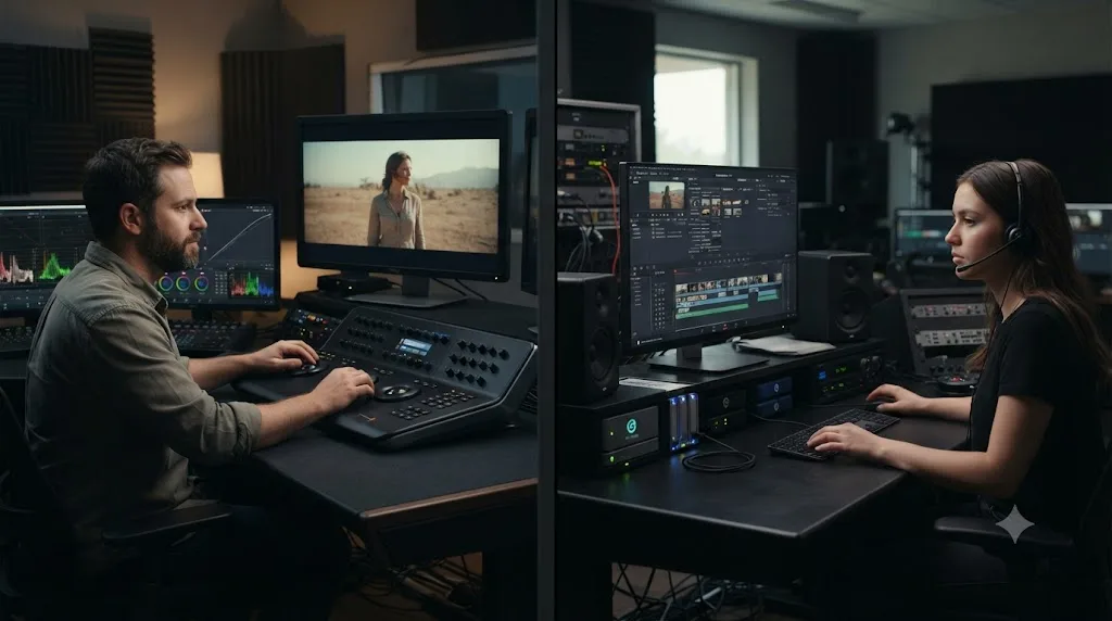 Illustration comparing a colorist's creative grading work to an assistant colorist's conform and file management tasks