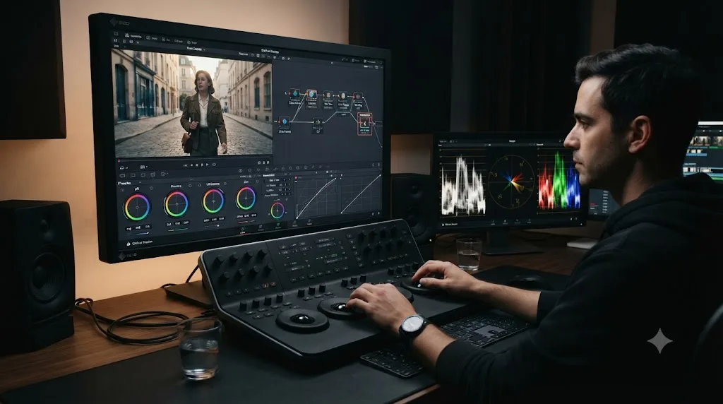 Illustration of the four essential DaVinci Resolve Color page tools: nodes, wheels, secondaries, and scopes