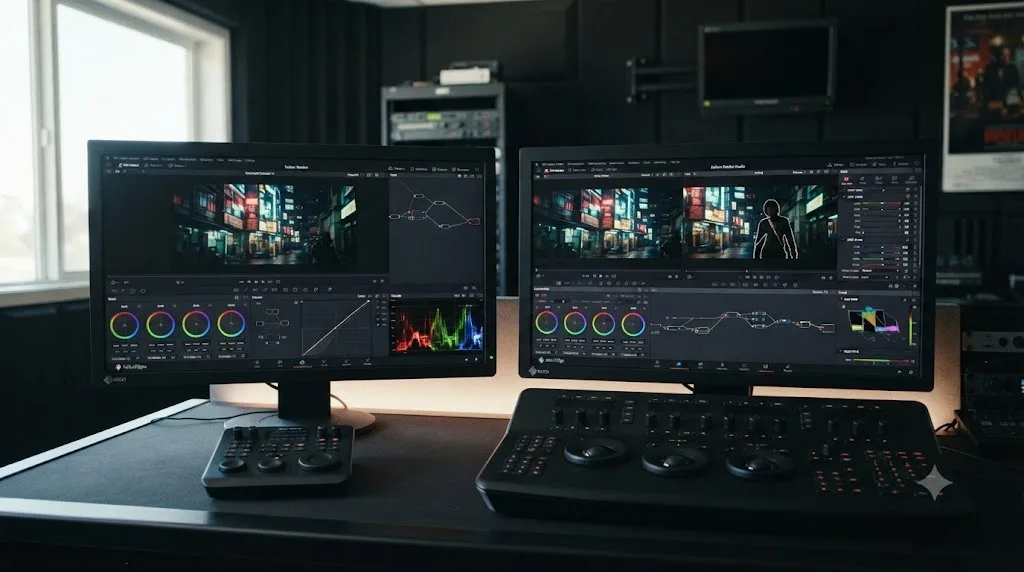 Illustration comparing the free and Studio versions of DaVinci Resolve for a colorist's portfolio needs