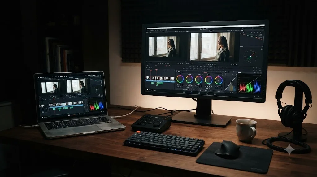 Illustration of a modest but properly calibrated DaVinci Resolve grading setup in a dim room