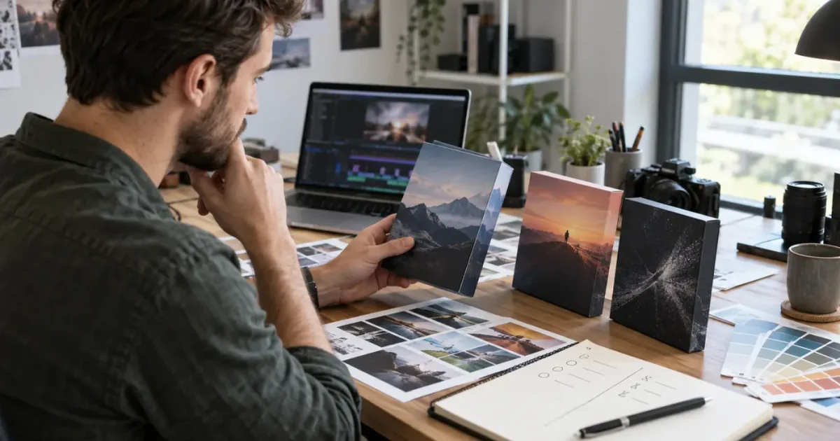Illustration of a creator choosing a DaVinci Resolve template for a video series