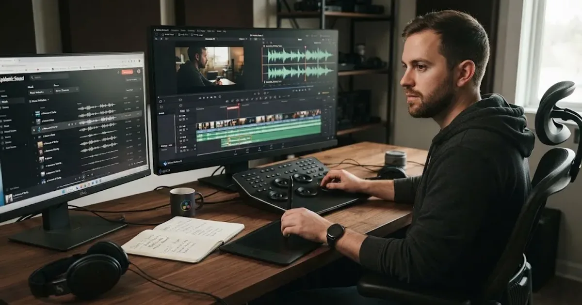 Illustration of an editor choosing background music for a video